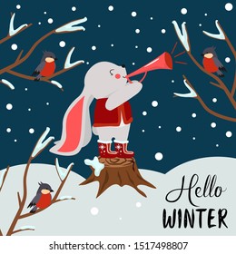 hello winter poster with hare in the forest - vector illustration, eps