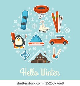 Hello winter poster with mountain resort and seasonal sport equipment. Penguin holding skis, ice skates, snowboard, sledding tube, car. Set of icons on light blue background. Vector illustration.