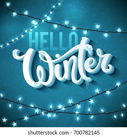 Hello Winter poster with realistic fir tree, icicles and christmas sparkling lights. Vector illustration.