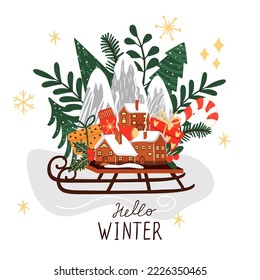 Hello winter poster with sled carrying winter holiday symbols and lettering.Snow-covered mountains and houses, gifts, holly,  candy and sock.White background with snowflakes.Vector flat illustration.