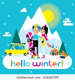 Hello winter poster. Snowboarder man and woman on the ski resort. 2021 Winter holidays. Vector illustration.