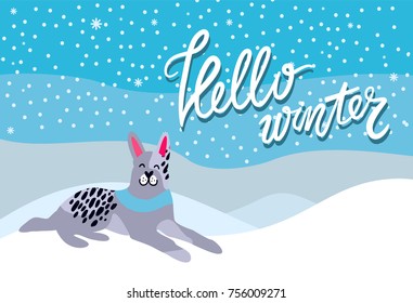 Hello winter poster with spotted grey dog with blue collar, symbol of New Year 2018 on background of snowy landscape and snowflakes vector illustration