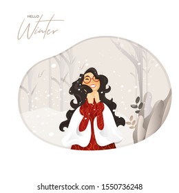 Hola Afiche de invierno o diseño de plantillas con una mujer alegre disfrutando de la nevada en el fondo de la vista de la naturaleza.