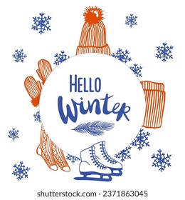 Hello winter poster template. Lettering with warm clothes frame for sale banner, motivational quote, cozy winter, knitting hobby theme card, flyer, web baner, invitation Isolated on white background