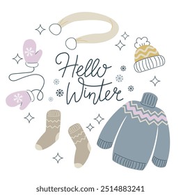 Hello winter poster template. Lettering with warm clothes frame for sale banner, motivational quote, cozy winter, knitting hobby theme card, flyer, web banner, invitation Isolated on white background