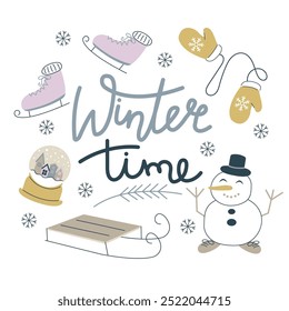 Hello winter poster template. Lettering with winter elements for sale banner, motivational quote, cozy winter, flyer, web banner, invitation Isolated on white background.