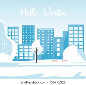 Hello Winter. Public park with trees, benches and city buildings in the background. Vector illustration flat design