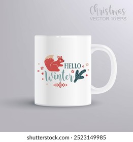 Hello winter quote. Vector lettering for t shirt, poster, card. Christmas concept with mug mockup. Vector Illustration