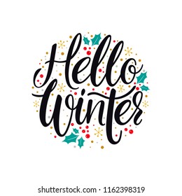 Hello, Winter. Winter round banner. Hand-drawn calligraphy on the blue background