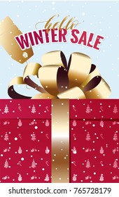 Hello Winter Sale banner with gift box and golden bow on snowy background. Vector illustration