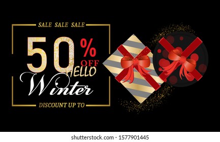 Hello Winter sale banner layout design template graphic abstract black background. Vector illustration
