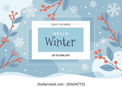 Hello winter sale banner, vector illustration template with snowflakes and ilex branches