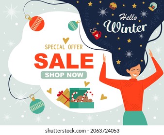 Hello winter. Winter sale. Beautiful smiling girl with an inscription in her hair. Holiday symbols. Cute background for text. Vector illustration.