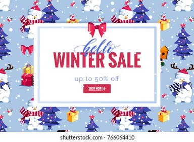 Hello winter sale poster. Beautiful winter background with holiday symbols and frame. Voucher discount. Vector illustration