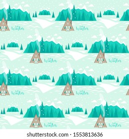 Hello winter. Winter seamless pattern and print. Geometric shapes. Vector illustration with landscape. Mountains and forest