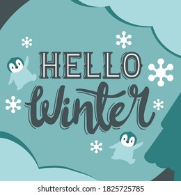 Hello Winter Season Greeting from Little Penguins Vector Graphic Background Illustration and Typography