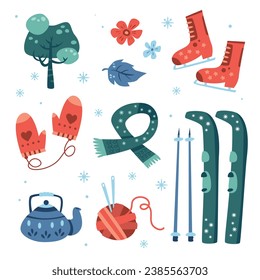 Hello Winter season. Happy Winter background elements. Snowfall, Snowy weather. Cartoon Vector illustration decorative elements for Poster, Banner, Greeting, Card, Flyer, Cover, Sale, Promotion.