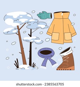 Hello Winter season. Happy Winter background elements. Snowfall, Snowy weather. Cartoon Vector illustration decorative elements for Poster, Banner, Greeting, Card, Flyer, Cover, Sale, Promotion.