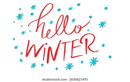Olá inverno estação tempo texto fonte caligrafia mão escrita alfabetização script vermelho cor azul neve círculo redondo floco de neve feliz Natal xmas feliz ano novo banner cartaz dezembro mês evento arte