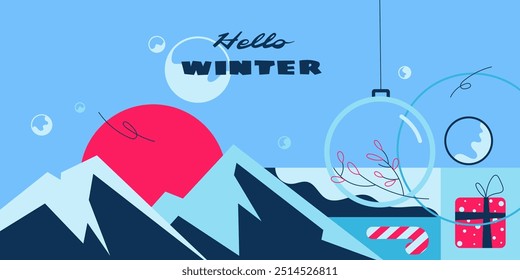 Hello Winter Season.A Colorful Vetor inverno cartão postal, banner, ou cartaz