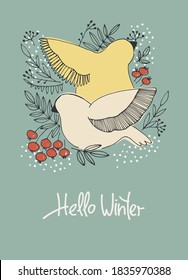 Hello Winter seasonal background. Hand drawn vector illustration with birds pecking berries. Hand lettering