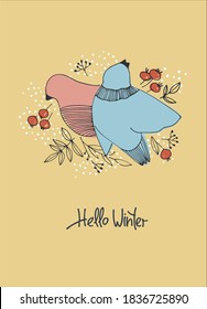 Hello Winter seasonal background. Hand drawn vector illustration with birds pecking berries. Hand lettering