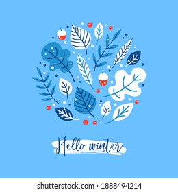 Hello winter seasonal card background design with cute hand drawn leaves and text. 