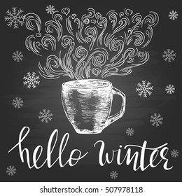 Hello winter. Seasonal template with hand drawn cup, swirls and hand lettering on the blackboard.