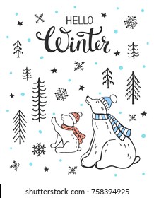 hello winter seasonal xmas greeting hand drawn greeting card with two big and small cute polar bears in hats and scarfs in the forest 