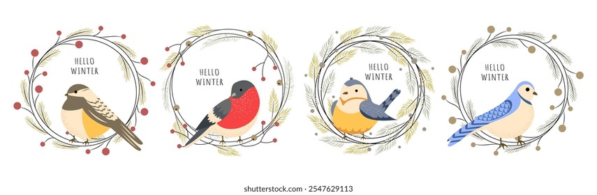 Hello winter. Set of winter birds in Christmas wreaths. Vector illustration