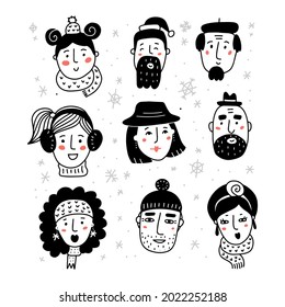 Hello winter set. Black and white Portraits of various women and men in warm beautiful hat and scarf. Hand drawn doodle collection of female faces. vector hand drawn illustration.