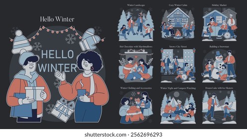 Hello Winter set. A celebration of winter activities, from cozy cabin relaxation to festive holiday markets. Charming scenes of snowy streets, ice skating, and hot drinks. Vector illustration.