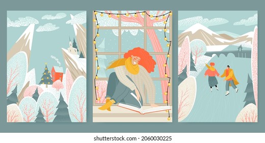 Hello winter. Set of cute illustrations with winter landscape, couple ice skating and girl reading a book. Lifestyle images 