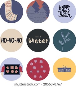 Hello, Winter. Set of cute vector objects: scarf, trees, gift, cockies. Illustrations for poster, background or card