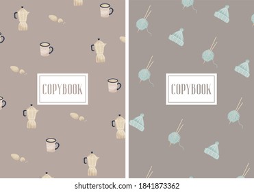 Hello winter. Set of gentle vector flat covers for copybook with coffee pot, cup, cookies, yarn and hat. Covers in two colors for winter holidays. Winter minimalistic copybooks with cozy elements.