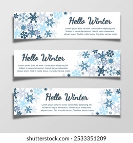 Hallo Winter, Satz von Vorlagen Design für Banner, Flyer, Karte auf dem Hintergrund viele verschiedene Schneeflocken. helle Vektorgrafik für Hintergrund, Einladung, Poster, Rahmen in Weiß- und Blautönen.