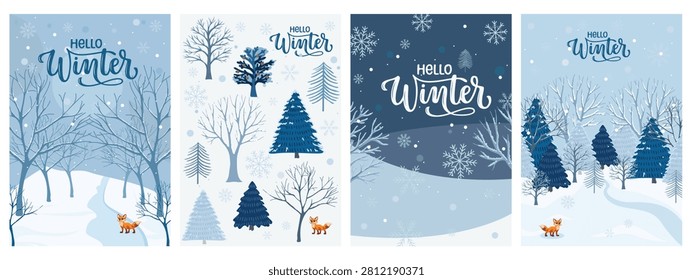 Hello Winter. Set of vector illustrations. People in the winter in a hand-drawn Scandinavian style. Winter backgrounds, winter landscape, mountains, forests, ski resort, hotel and vacations. Christmastree
