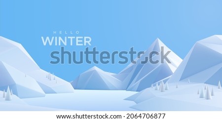 Hello Winter sign with snow mountains landscape and light blue sky. Outdoor nature background. Vector 3d illustration of winter low-poly decoration. Polygonal snow background.