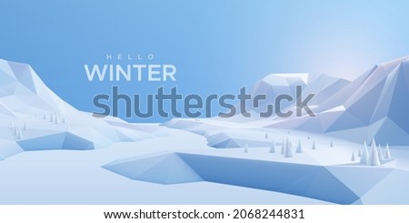 Hello Winter sign with snow mountains landscape and light blue sky. Outdoor nature background. Vector 3d illustration of winter low-poly decoration. Polygonal snow background.