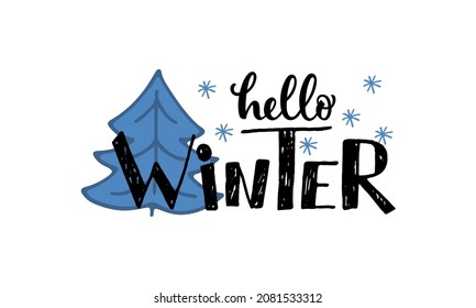 Hello Winter sloppy handwritten text with blue snowflakes isolated on white background. Hand lettering and brush calligraphy. Seasonal greetings design template for poster, greeting card.