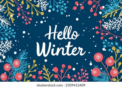 Hello winter snake banner, with rowan, pine branches and falling snowflakes for design of poster, card, banner, cover, flat lay. Christmas vector illustration with Hello Winter lettering.