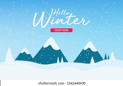 Hello winter, snow background, shop now, sale banner, snowflake vector illustration