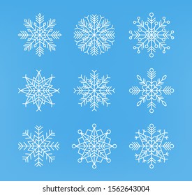 Hello winter, snow background, shop now, sale banner, white snowflake set vector illustration