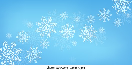 Hello winter, snow background, shop now, sale banner, white snowflake set vector illustration