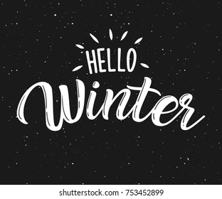 Hello Winter snow black hand sketched logotype, badge typography icon. Lettering winter season for greeting card, invitation template. Retro, vintage lettering banner poster template background