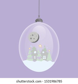 Hello winter snow globe. Glass bauble with glass sphere. House, Christmas tree and snowflakes, deer, moon. Ball toy with Christmas decor flat style vector illustration isolated on background.