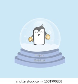 Hello winter snow globe. Glass bauble with sphere. Penguin and snowflakes. Ball toy with Christmas decor flat style vector illustration isolated on background.