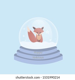 Hello winter snow globe. Glass bauble with sphere. Fox and snowflakes. Ball toy with Christmas decor flat style vector illustration isolated on background.
