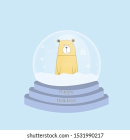 Hello winter snow globe. Glass bauble with sphere. Bear and snowflakes. Ball toy with Christmas decor flat style vector illustration isolated on background.