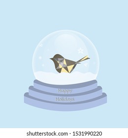 Hello winter snow globe. Glass bauble with sphere. Bird and snowflakes. Ball toy with Christmas decor flat style vector illustration isolated on background.